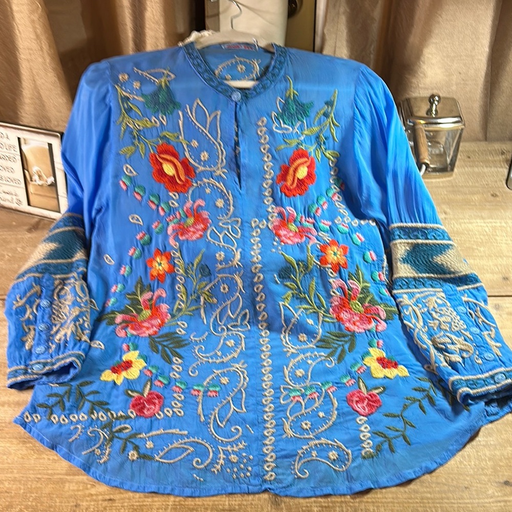 Johnny Was Blue Embellished Blouse with Mandarin Collar